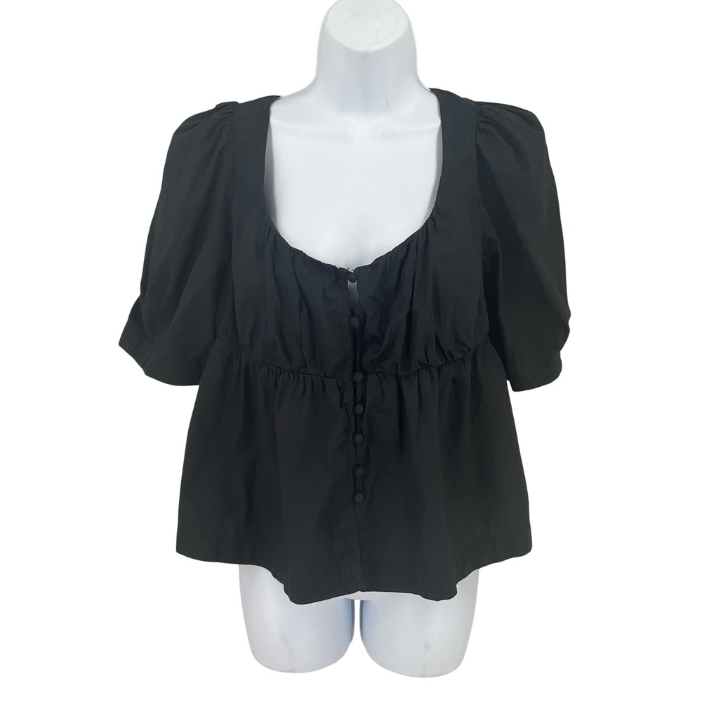 Anthropologie Blouse Womens M Black Cotton Puff Sleeve Babydoll Boho Whimsigoth
